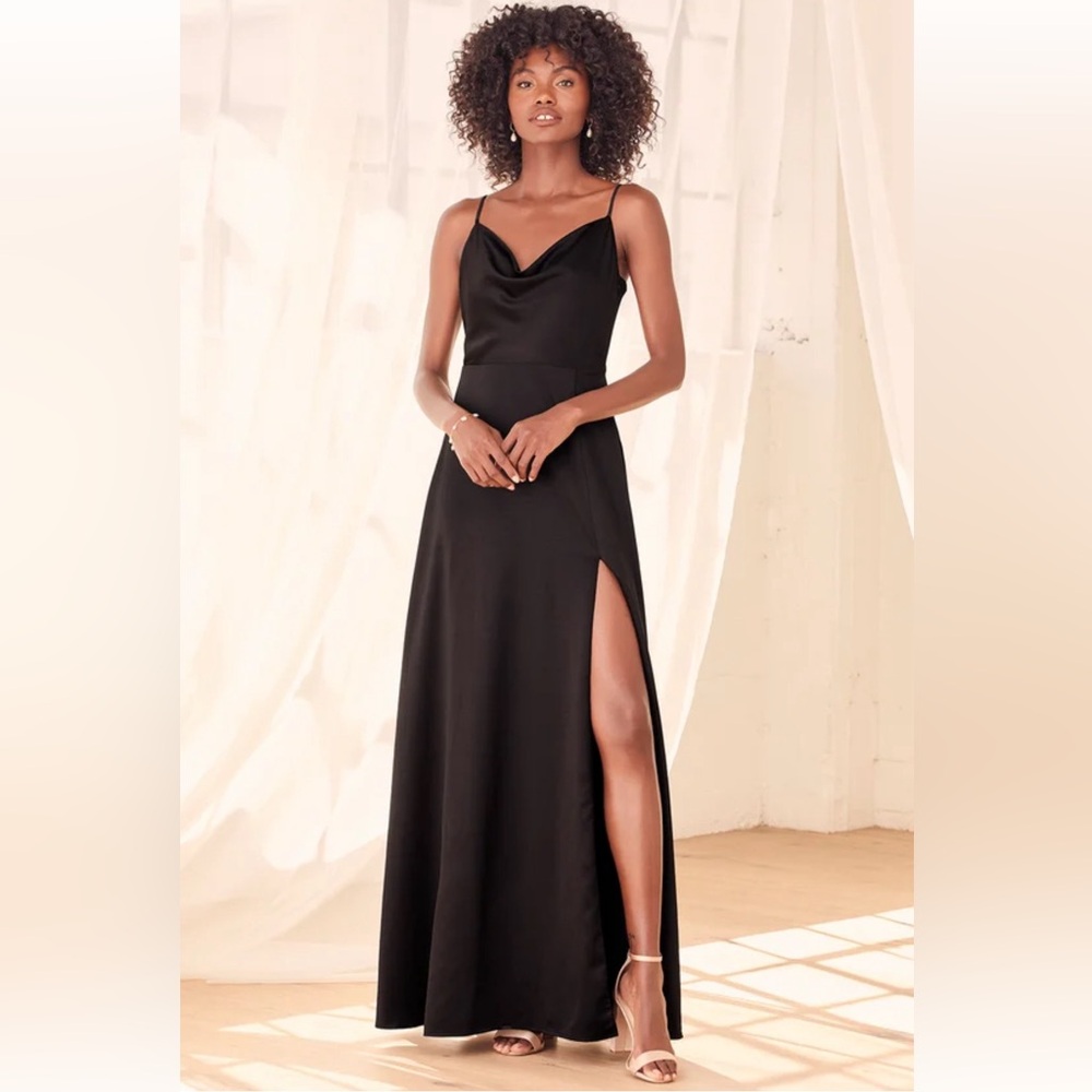 NWT Formal Invitation Black Satin Cowl Neck Maxi Dress, XS